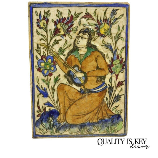 Antique Persian Iznik Qajar Style Ceramic Pottery Tile Orange Guitar Woman C2