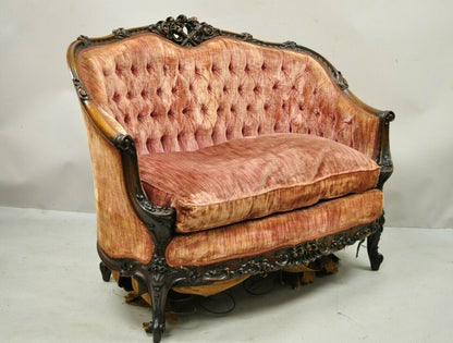 Antique French Louis XV Rococo Style Ornate Carved Mahogany Settee Loveseat Sofa