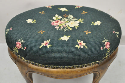 Antique French Victorian Green Floral Needlepoint Oval Mahogany Small Footstool