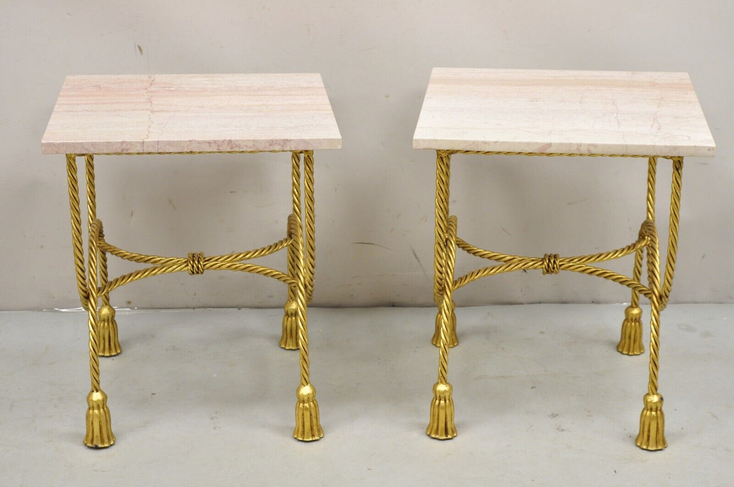 Italian Hollywood Regency Gold Iron Rope Tassel Pink Marble Top Side Table Pair