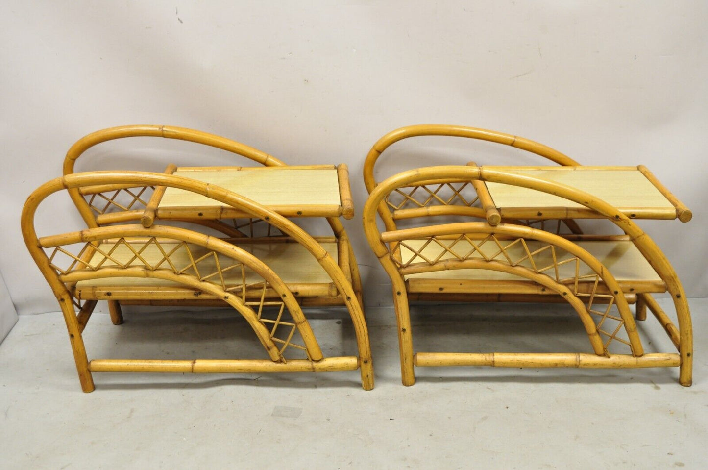 Vintage Tiki Rattan Bentwood Bamboo 2 Tier Sculptural End Tables - a Pair