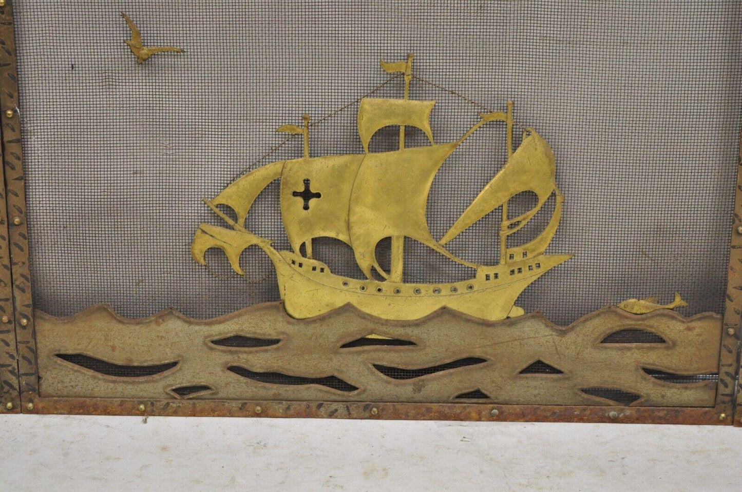 Vintage Nautical Clipper Ship Boat Metal Folding Fireplace Screen Firescreen