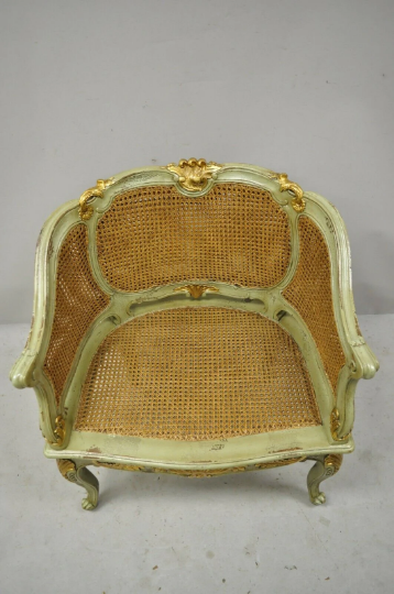 Antique French Louis XV Victorian Distressed Green Gold Gilt Cane Bergere Chair