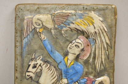 Antique Persian Iznik Qajar Style Ceramic Pottery Tile Horse Rider and Bird C4