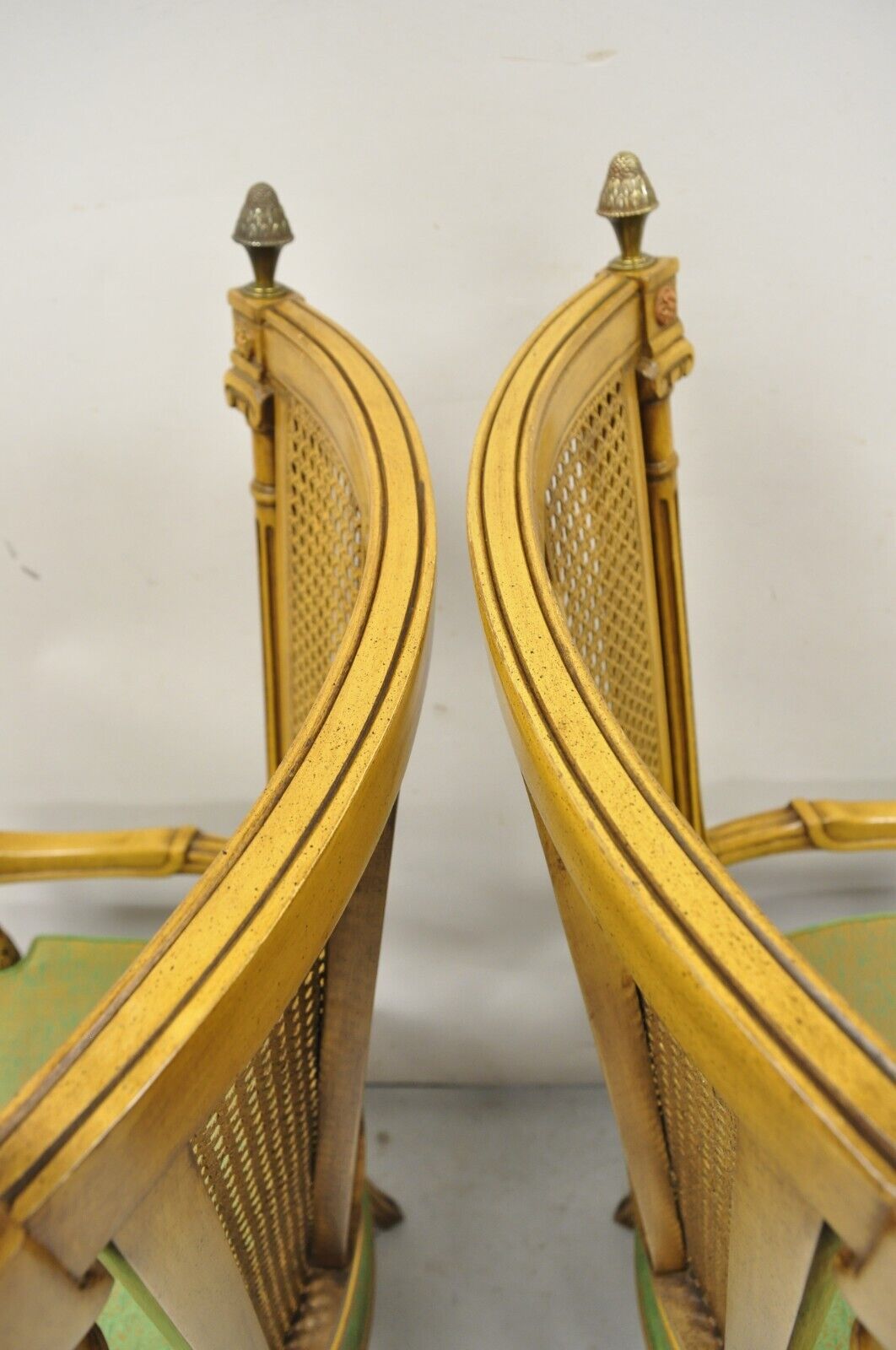 Vintage French Hollywood Regency Tall Cane Back Carved Link Chairs - a Pair