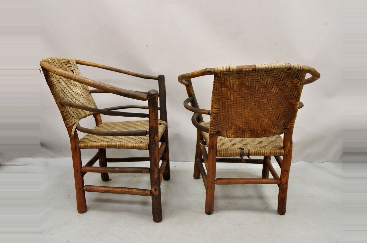 Adirondack Old Hickory Style Tree Branch Wood Frame Rattan Lounge Chairs a Pair