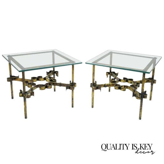 Pair Hollywood Regency Gold Gilt Iron Square Glass Top Brutalist Low End Tables