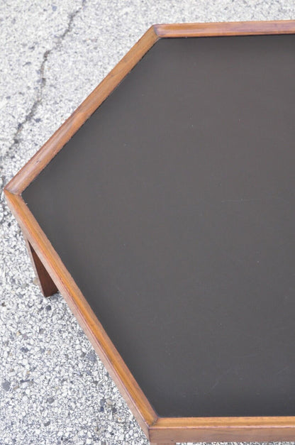 Vintage Mid Century Modern Walnut Hexagonal Coffee Table with Black Masonite Top