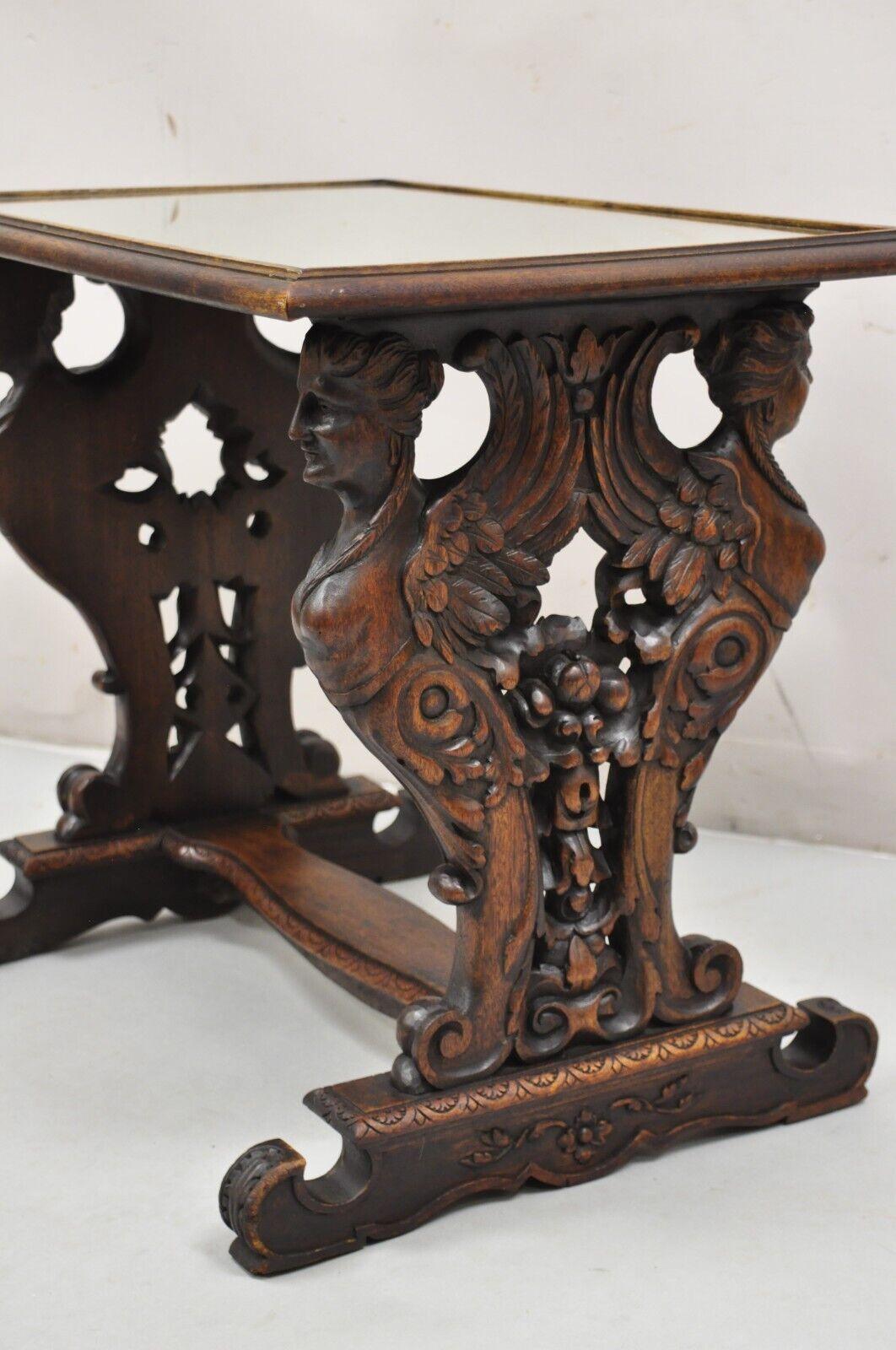 Antique Renaissance Revival Carved Winged Maiden Walnut Mirror Top Side Table