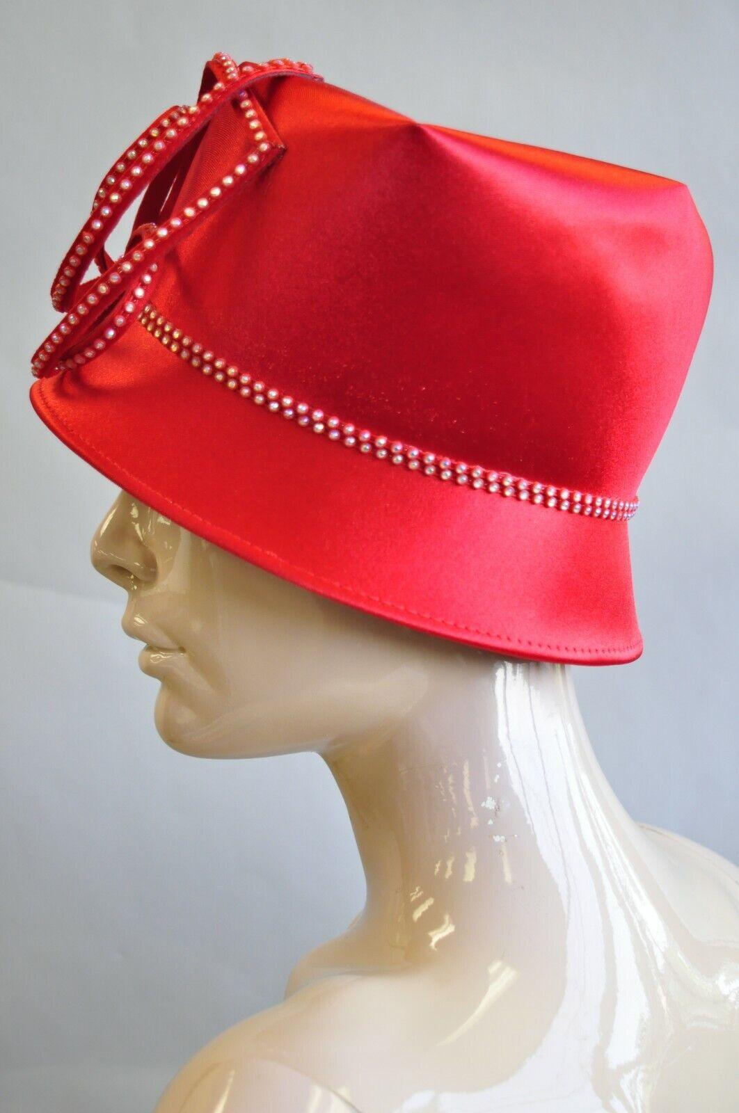 Red Satin Beaded Ribbon Church Derby Top Hat Attributed to Shellie McDowell