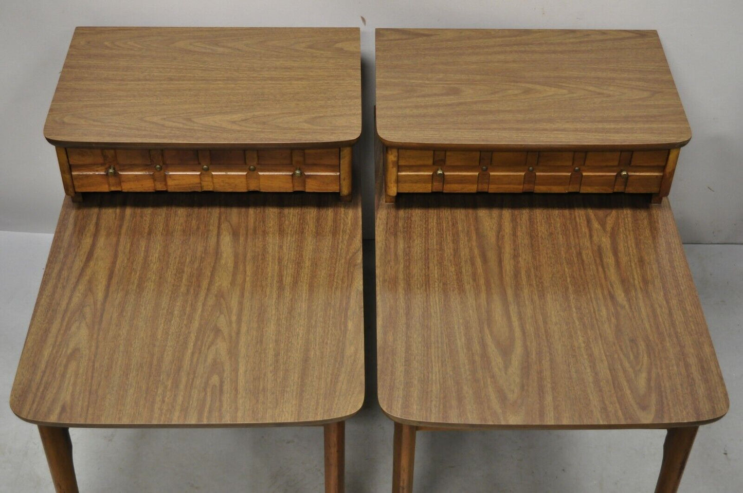 Mersman Mid Century Modern Walnut and Laminate Step Side End Tables - a Pair