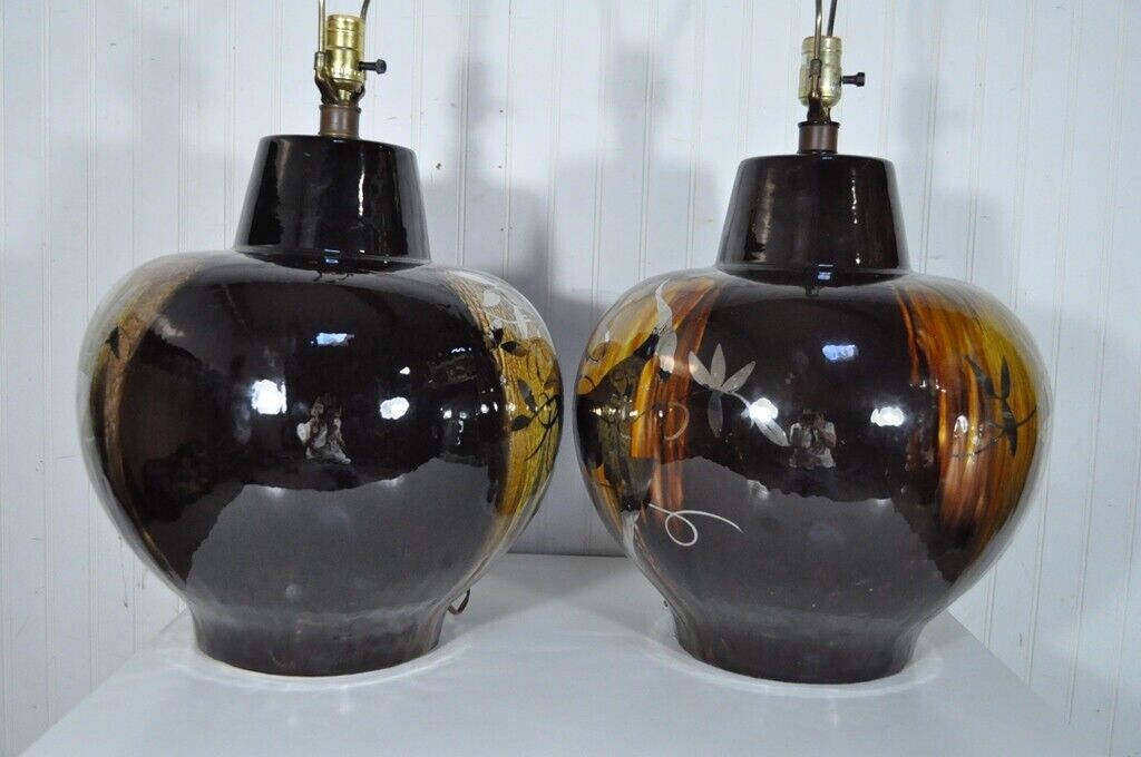 Pair Vintage Mid Century Modern Gazelle Ram Drip Glaze Pottery Table Lamps