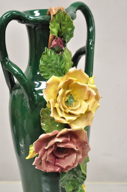 Vtg Victorian Style Green Ceramic Capodimonte 18" Vase with Pink Yellow Flowers