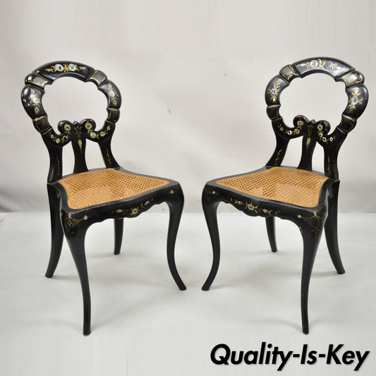 Antique English Regency Mother of Pearl Inlay Black Ebonized Side Chair - a Pair