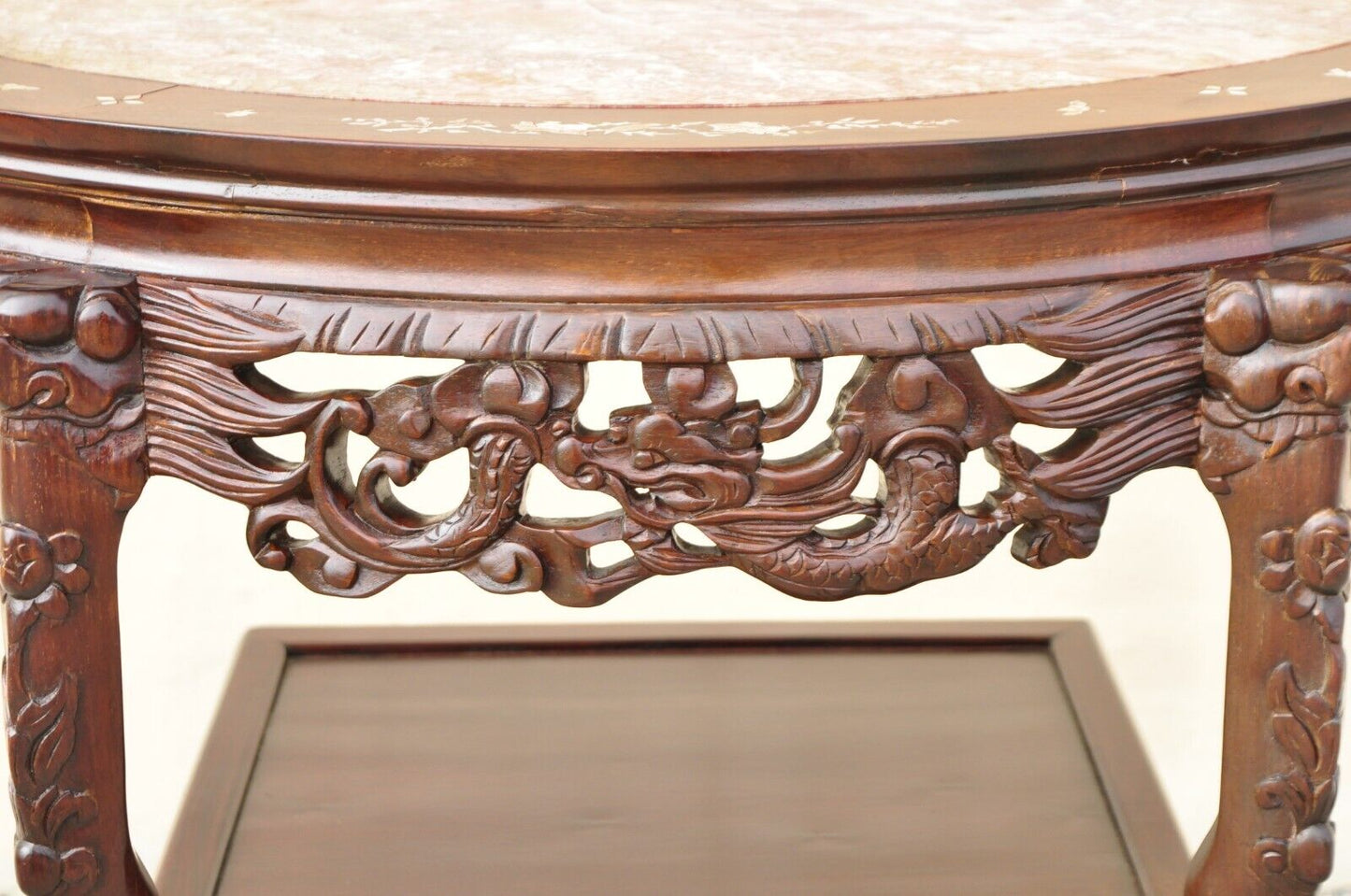 Vintage Oriental Chinese Carved Hardwood Demilune Marble Top Console Table