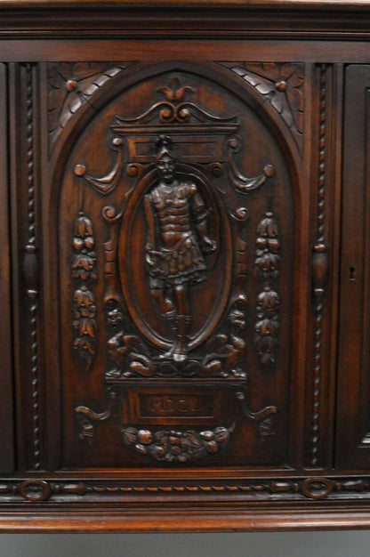 Antique Renaissance Revival Figural Carved Walnut Cabinet Sideboard Cupboard