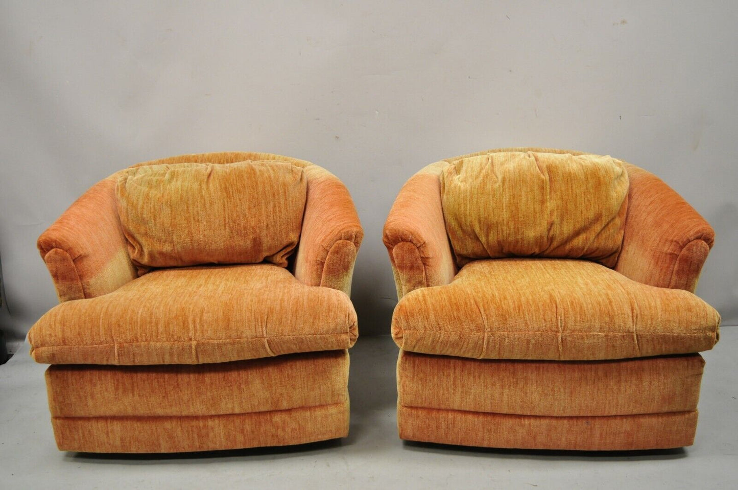 Flexsteel Mid Century Orange Upholstered Swivel Lounge Club Chairs - a Pair