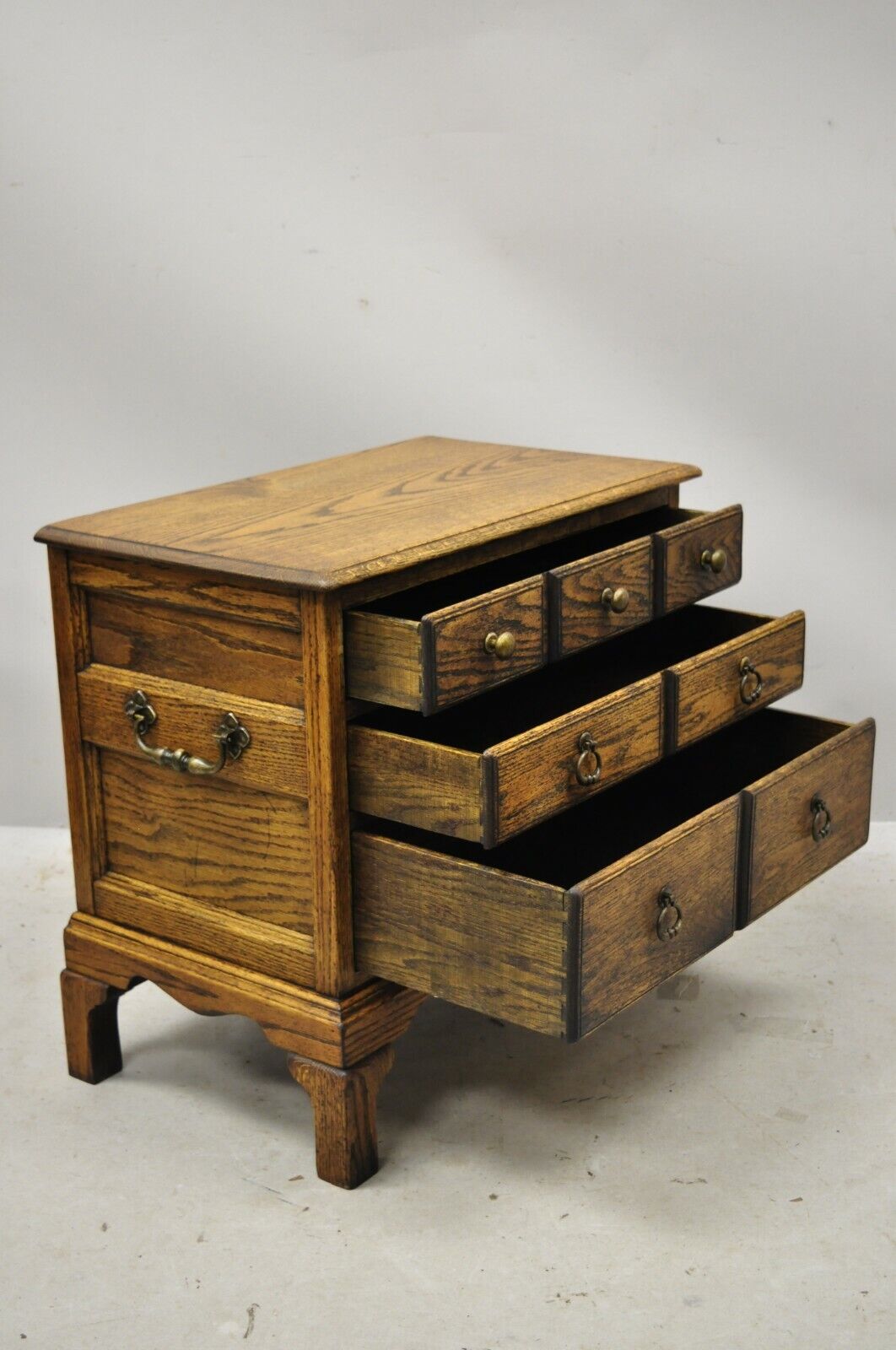 Vintage English Colonial Miniature Oak Wood Small Campaign Chest Side Table