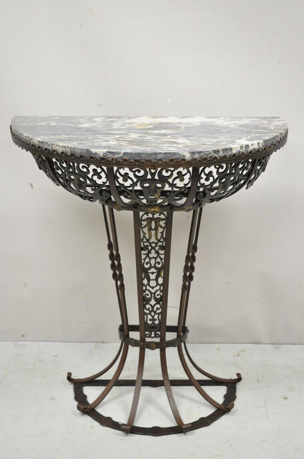 Art Nouveau Wrought Iron Demilune Marble Top Console Hall Table atr Oscar Bach