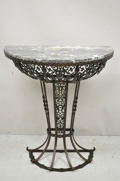 Art Nouveau Wrought Iron Demilune Marble Top Console Hall Table atr Oscar Bach