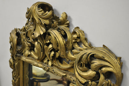 19th C French Rococo Gold Giltwood Relief Carved Wood Acanthus Leaf Wall Mirror
