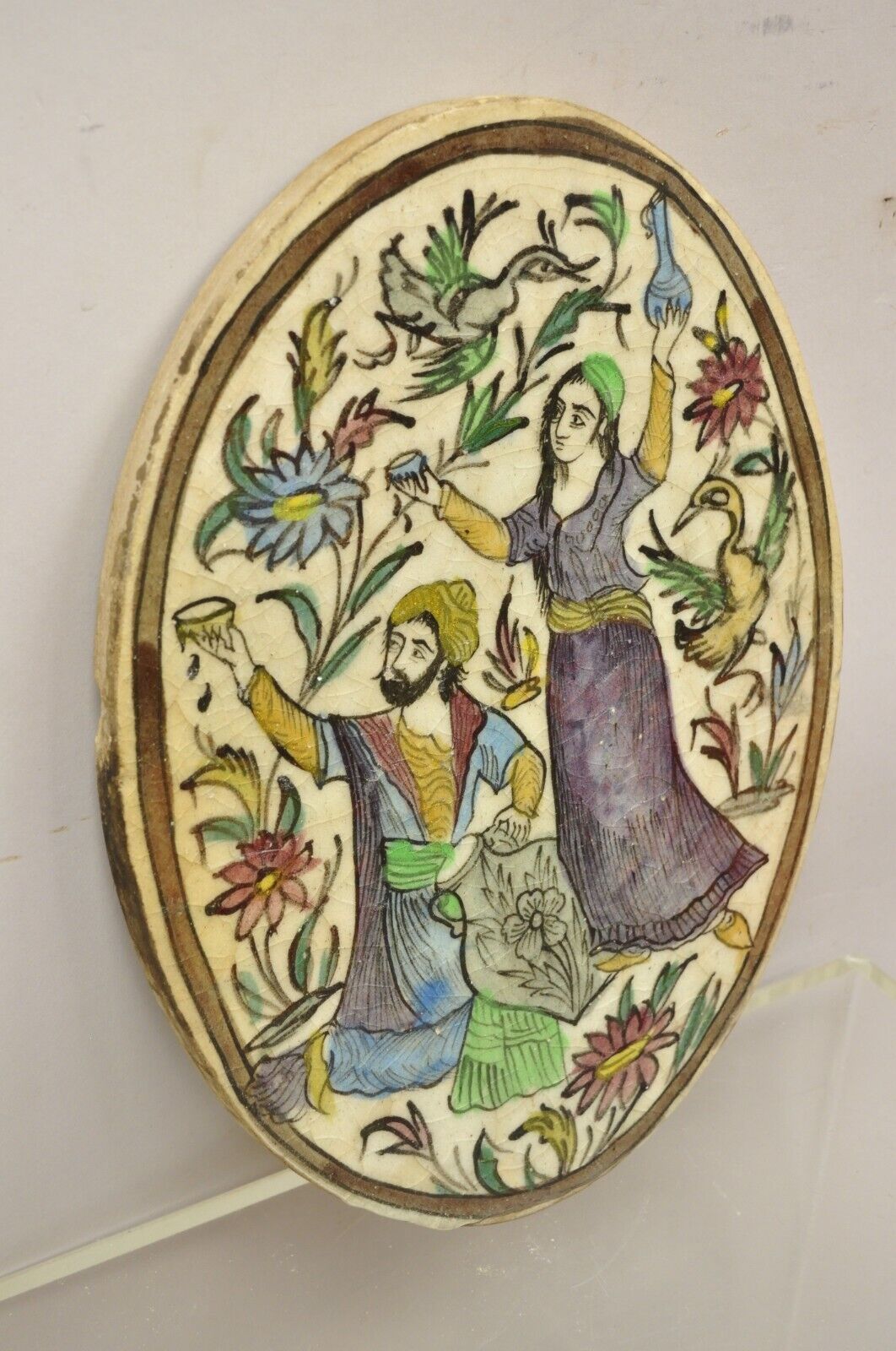 Antique Persian Iznik Qajar Style Ceramic Pottery Oval Tile Jugs Man & Woman C3