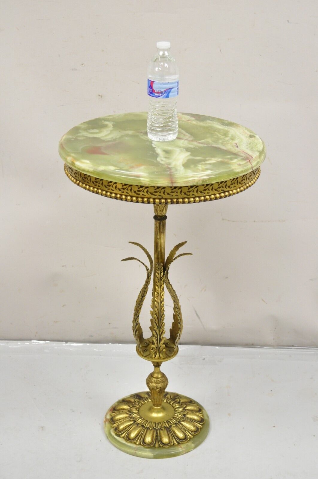 Antique French Victorian Style Green Onyx and Brass Round Pedestal Side Table