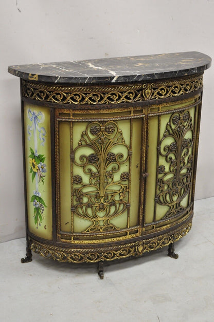 French Victorian Wrought Iron Oscar Bach Demilune Marble Top Console Cabinet