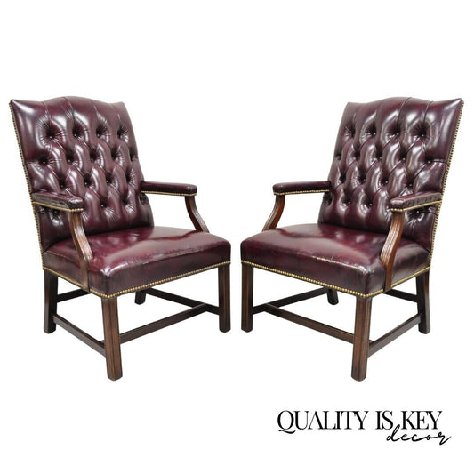 Hancock & Moore Oxblood Burgundy Leather Chesterfield Tufted Office Chairs Pair