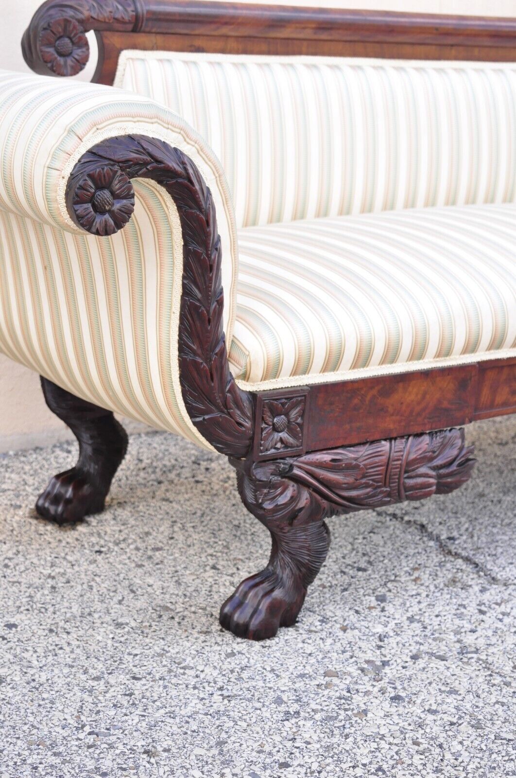 Antique American Empire Regency Mahogany Paw Feet Roll Arm Sofa