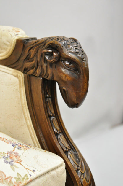 Vintage Italian Regency Style Rams Head Carved Walnut Wingback Bergere Arm Chair