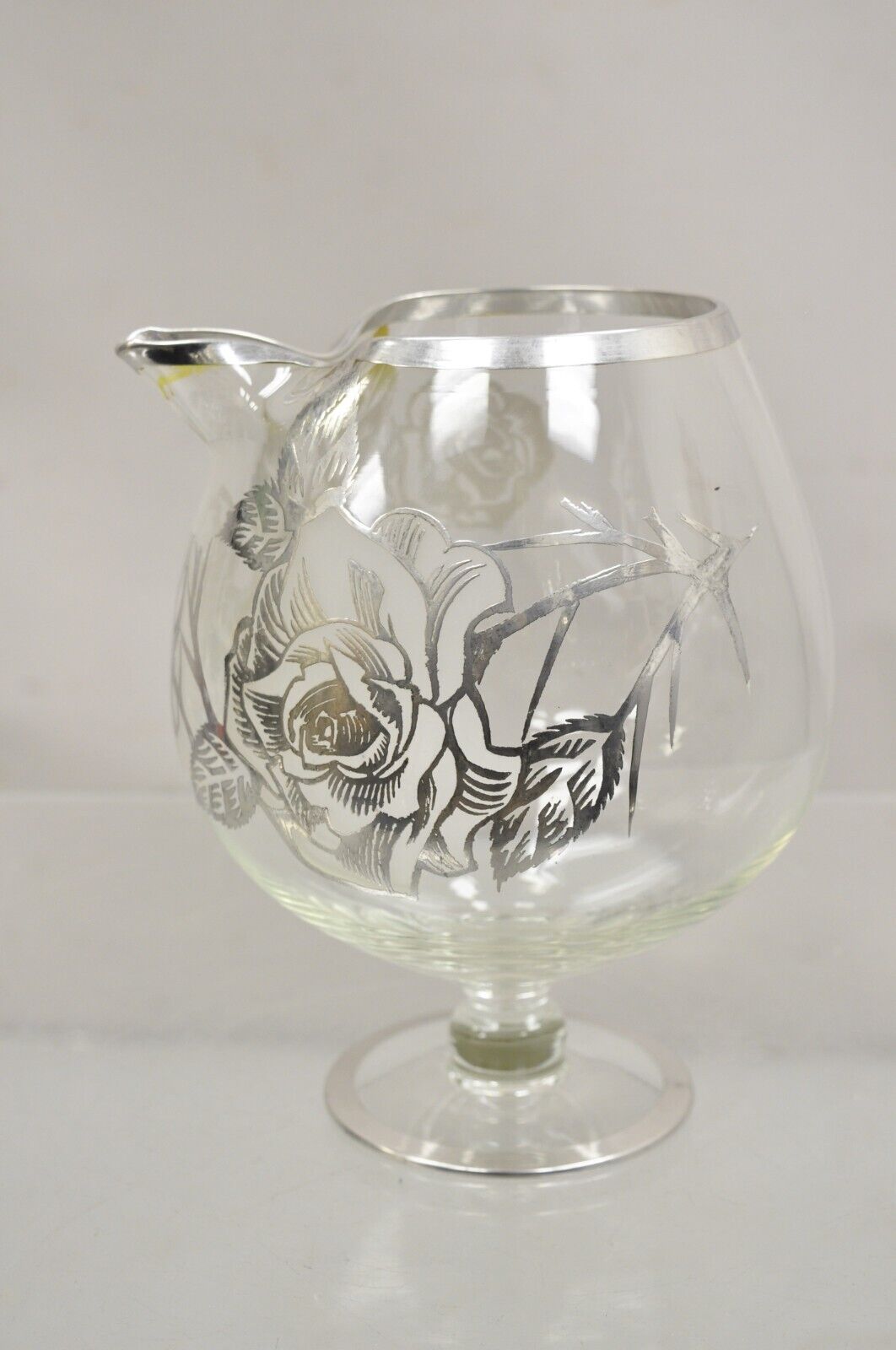 Vintage Art Nouveau Floral Sterling Silver Overlay Glass Footed Water Pitcher