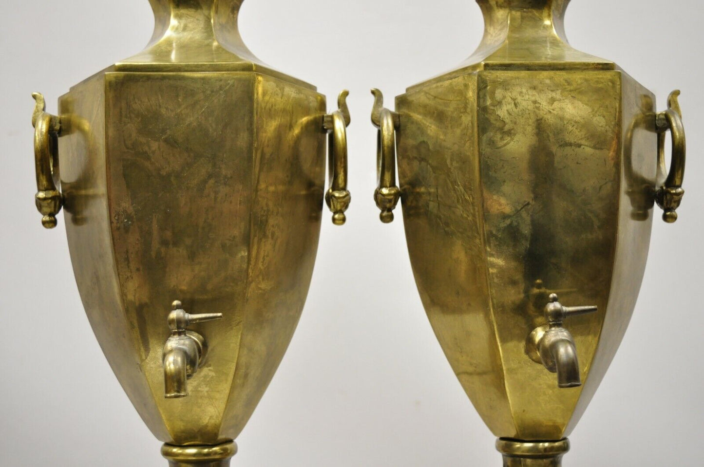 Paul Hanson Burnished Brass Samovar Urn Form Table Lamps with Shades - a Pair