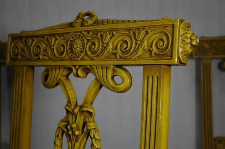 6 Yellow Painted French Regency Louis XVI Style Carved Dining Room Chairs