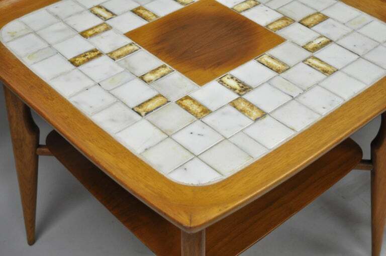 Pair of Mid Century Danish Modern Walnut & Tile Dish Top Sculptural End Tables