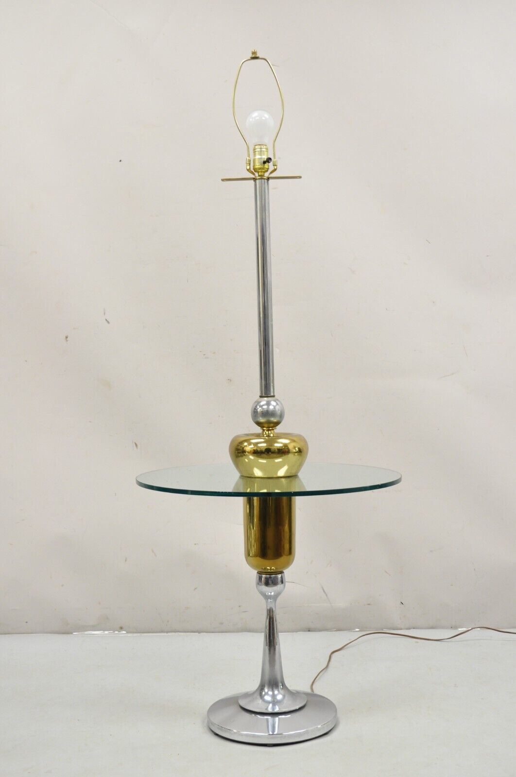 Mid Century Modern Space Age Atomic Era Chrome Brass Glass Side Table Floor Lamp