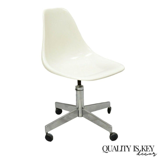 Vintage Mid Century Modern White Fiberglass Shell Rolling Adjustable Desk Chair