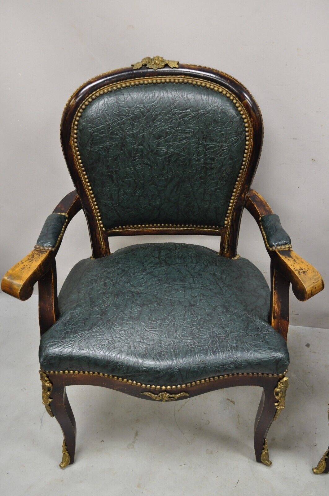 Vintage French Louis XV Style Solid Wood Bronze Ormolu Arm Chairs - a Pair