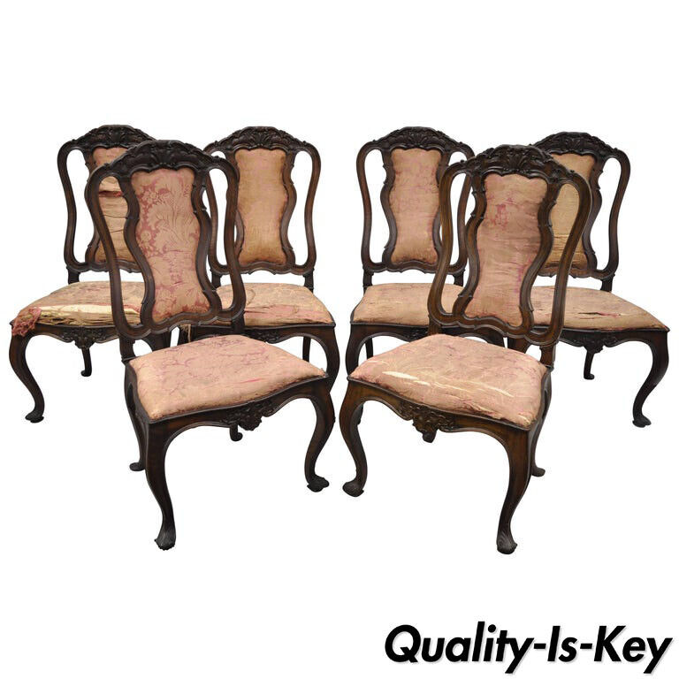 Set of Six Antique Italian Baroque Carved Walnut French Style Dining Chairs