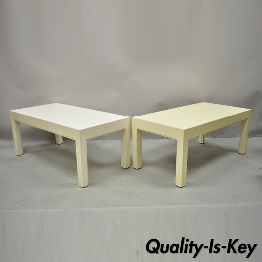 Vintage Modern Solid Wood Cream Lacquered Parsons Low Pedestal Side Table - Pair