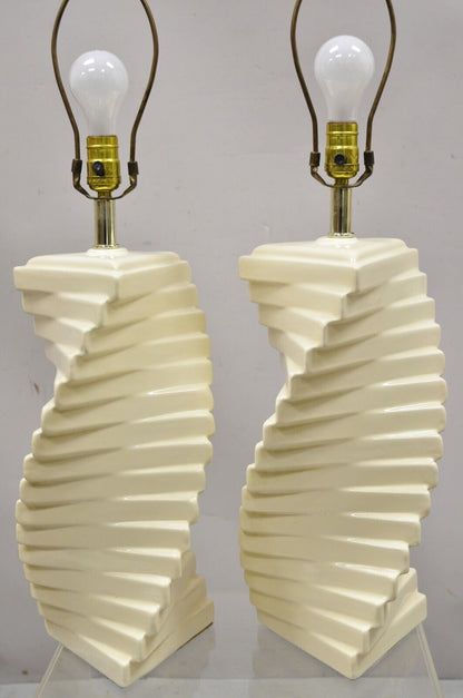 Pair of Vtg Hollywood Regency Beige Ceramic Helix Spiral Mid Century Table Lamps