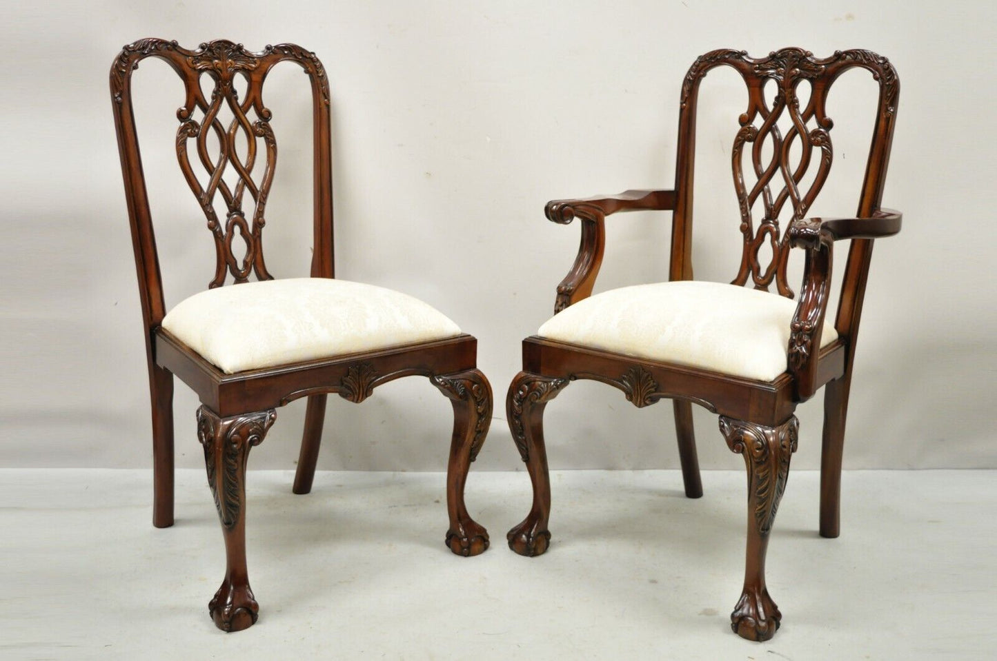 English Chippendale Style Carved Mahogany Ball & Claw Dining Chairs - Set of 8