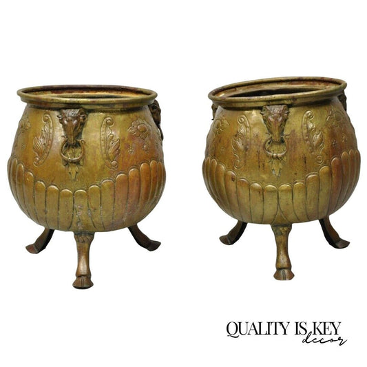 Antique French Regency Neoclassical Rams Head Copper Planter Pot - a Pair