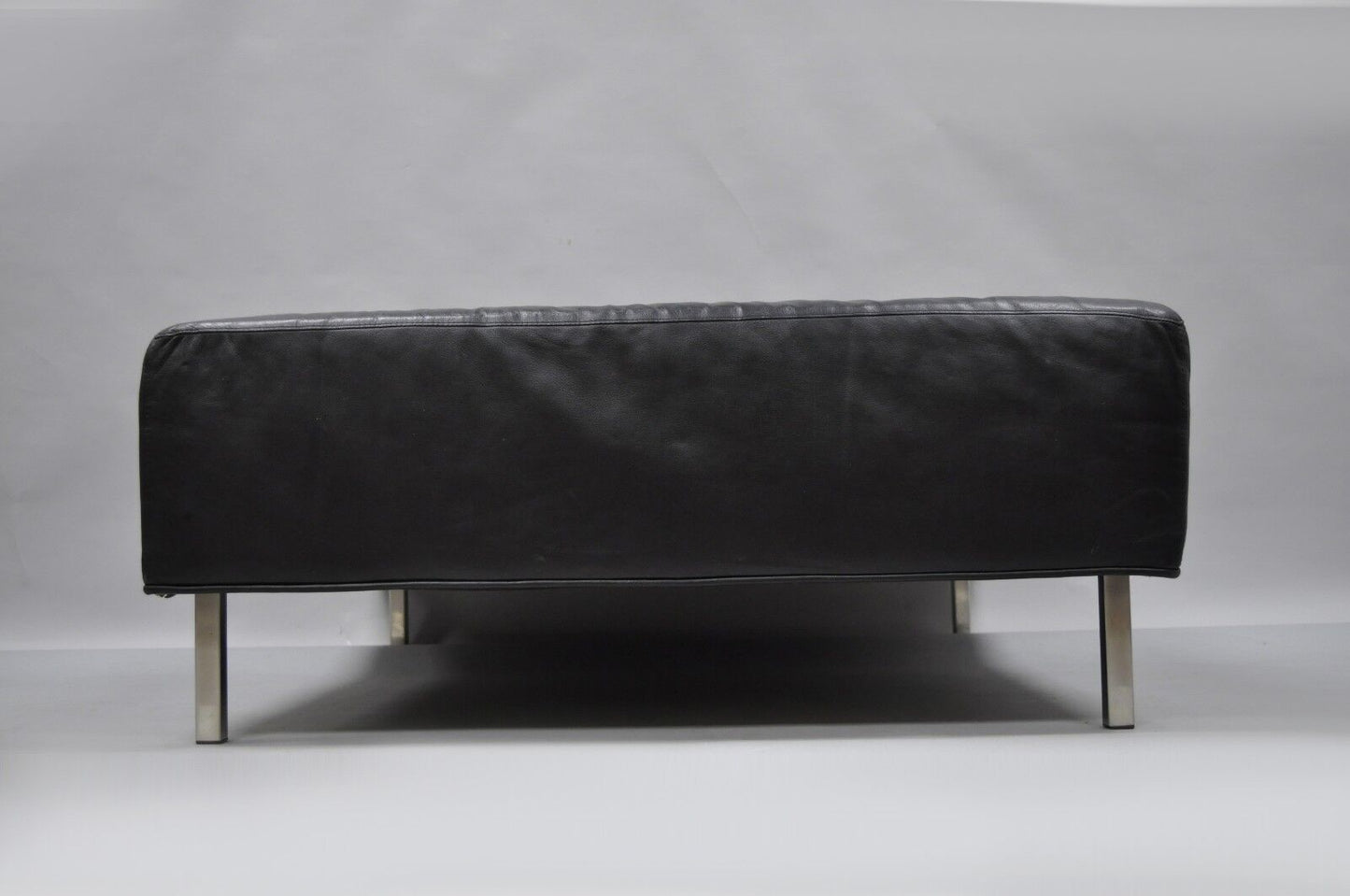 Thayer Coggin Black Tufted Leather 40" Square Ottoman Modern Barcelona Style