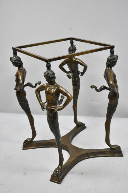 20th C. Cast Bronze Satyr Figural Pedestal Base Glass Top Dining Center Table