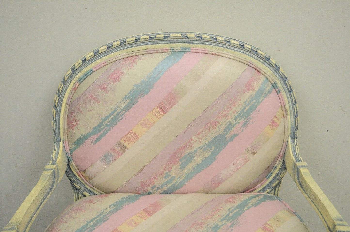 Vtg French Louis XVI Style Pink Blue Carved Bergere Boudoir Lounge Arm Chair