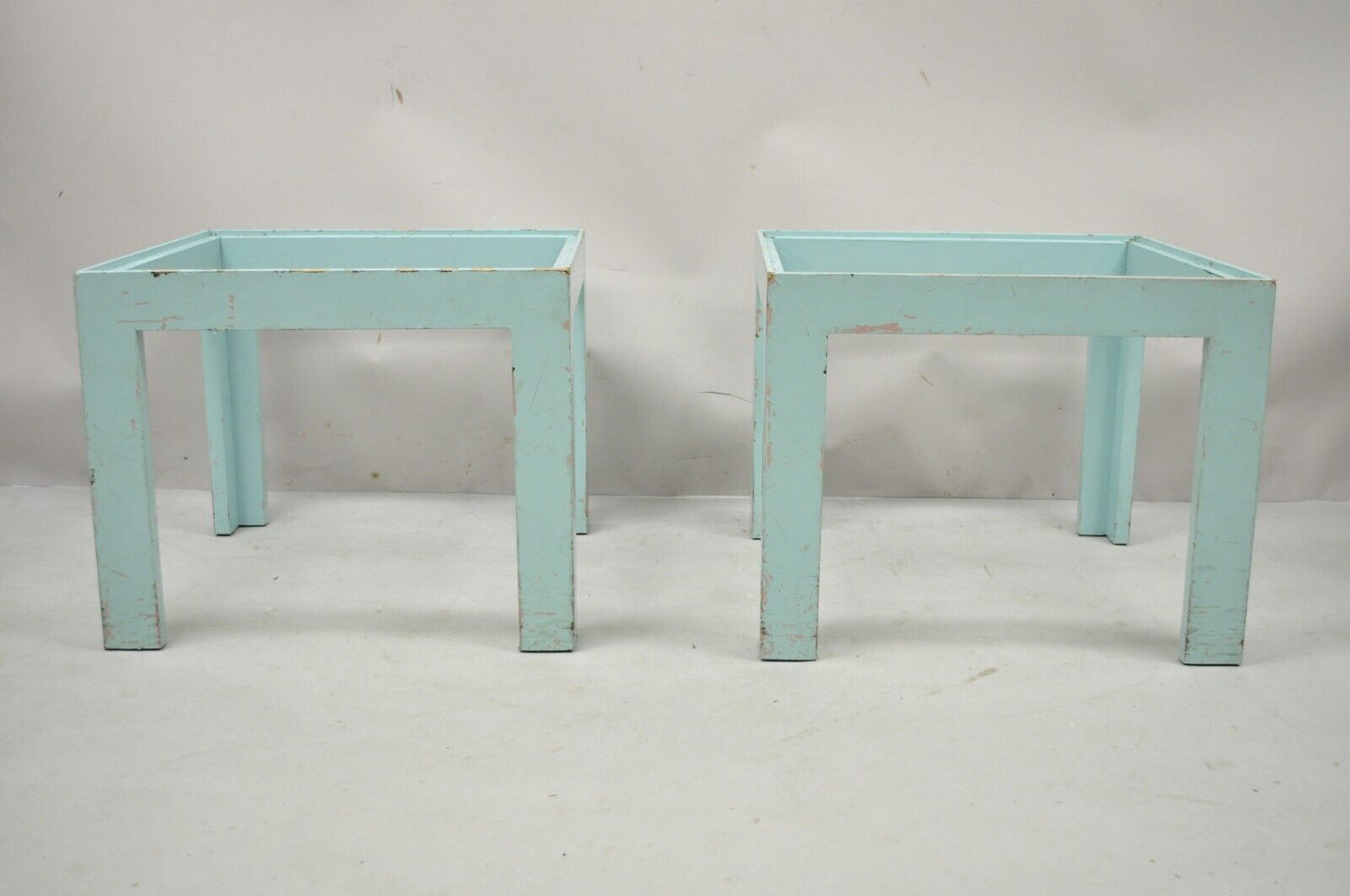 Vintage Mid Century Modern Wooden Low Side End Table Blue Paint - a Pair