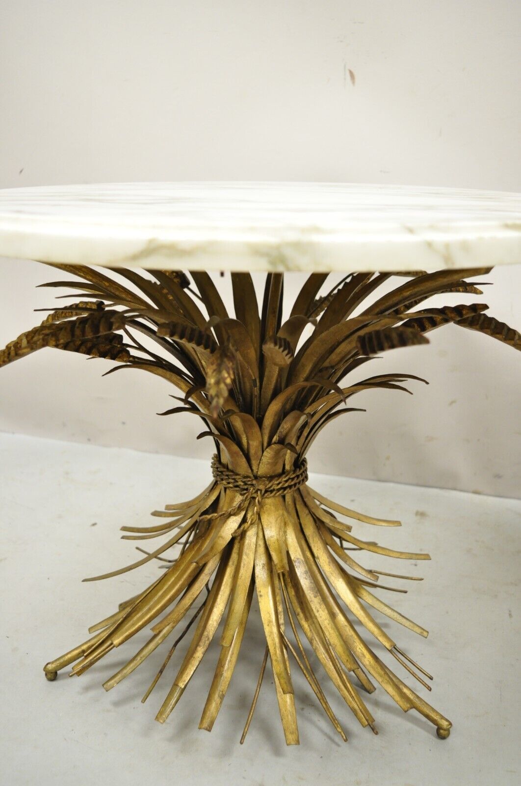 Pair Italian Hollywood Regency Gold Gilt Iron Wheat Sheaf Marble Top Side Table