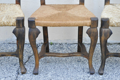 Spanish Rococo Rush Seat Distressed Carved Wood Dining Side Chairs - Set of 4