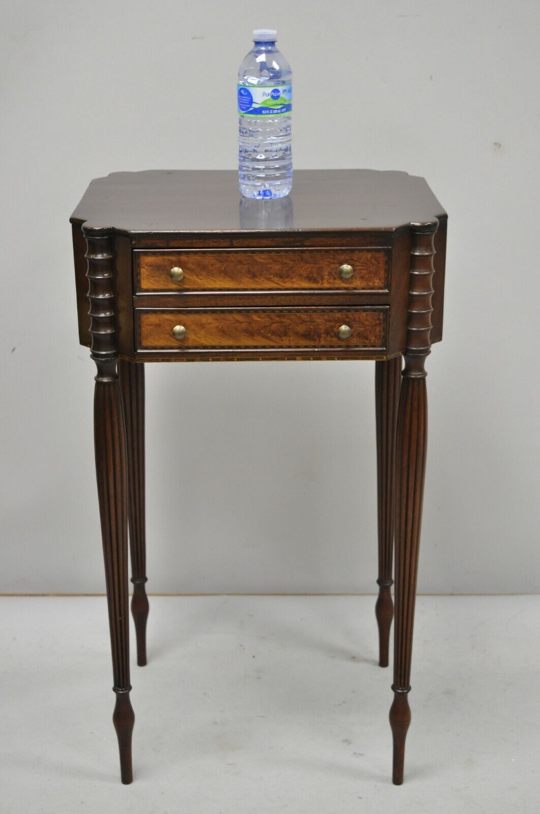 19th C. Antique American Sheraton Tall Tapered Leg Burl Wood Nightstand Table